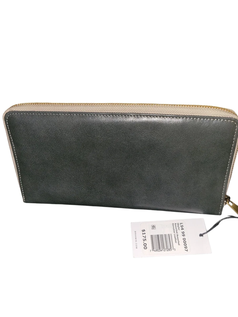Brahmin Skyler  Leather Clutch W/ Extendable Wristlet Dark Green with Tan Trim
